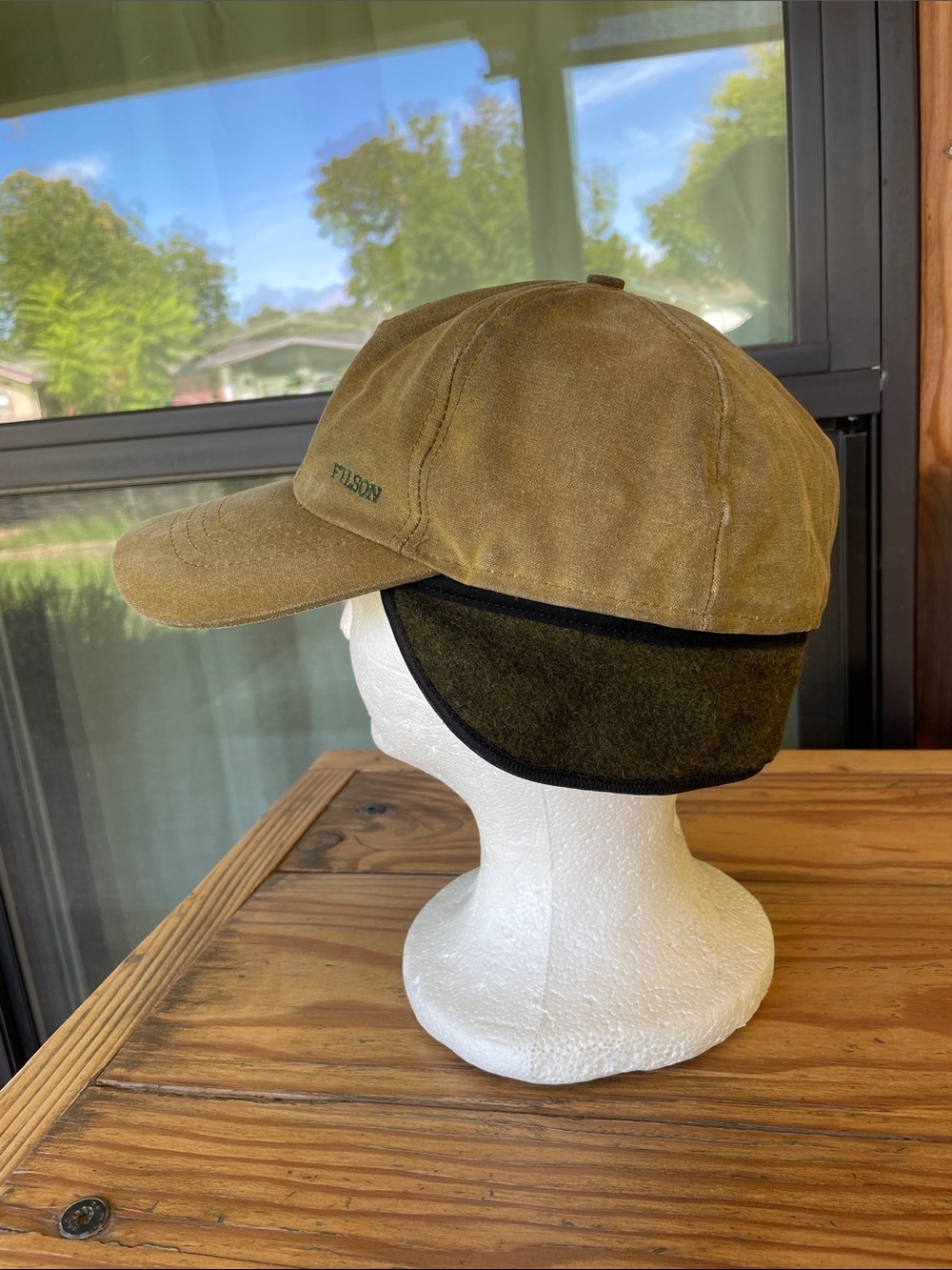 Vintage Filson Insulated Tin Cloth Cap USA Made Green Waxed Cotton Wool Lined